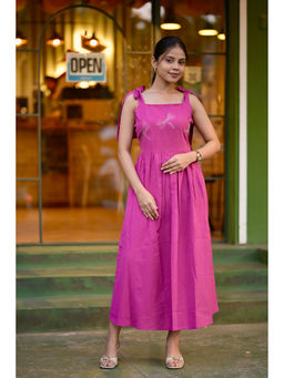 Vastara TheLabel - Hot Pink Pure Flex Embroidery Handloom Cotton Dress