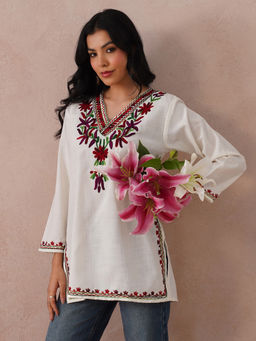 Kashmir Box - Off White Floral Embroidered Short Kurti