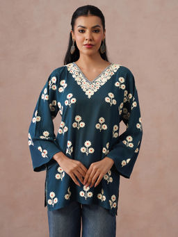 Kashmir Box - Teal Floral Embroidered Short Kurti