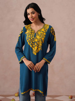 Kashmir Box - Blue Embroidered Rayon Round Neck Kurti