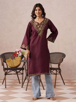 Kashmir Box - Maroon Floral Embroidered Polyester Kurta