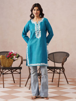 Kashmir Box - Blue Embroidered Polyester Round-Neck Kurti