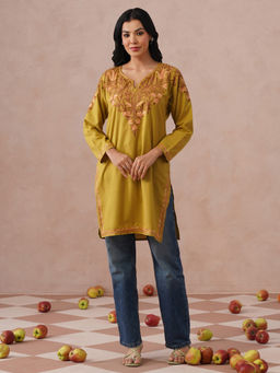 Kashmir Box - Mustard Floral Embroidered Round Neck Kurti