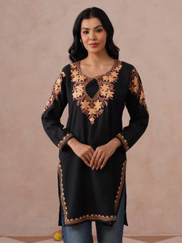 Kashmir Box - Black Floral Embroidered Round Neck Kurti