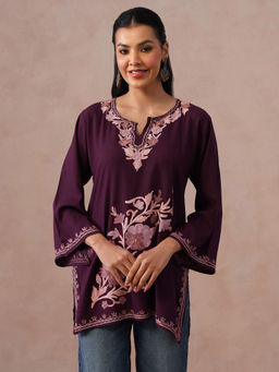 Kashmir Box - Wine Floral Embroidered Round Neck Kurti