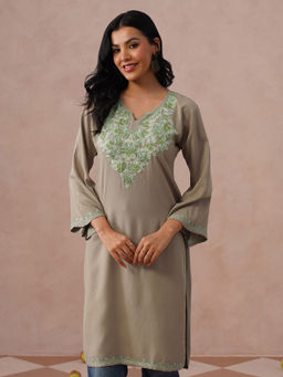 Kashmir Box - Grey Floral Embroidered Kurta