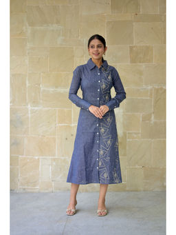 Vastara TheLabel - Navy Blue Denim Embroidery Linen Cotton Dress