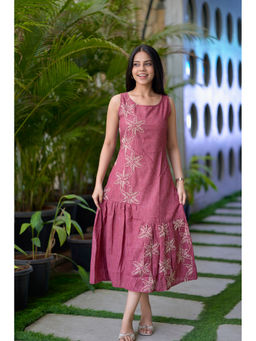 Vastara TheLabel - Maroon Linen Cotton Floral Embroidery Dress