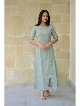 Vastara TheLabel - Sage Green Linen Cotton Embroidery Dress