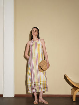 Pink Fort - Multi-Color Cotton Stripes Printed A-Line Dress