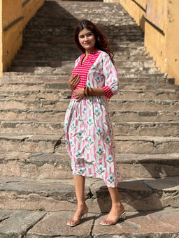 Baaori - Pink Cotton Floral Buti Printed Dress