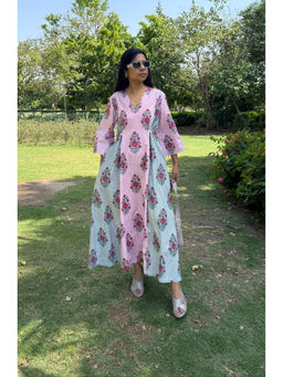 Baaori - Pink-Grey Cotton Floral Printed Dress