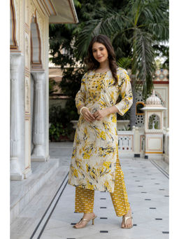 Surhi - Yellow Cotton Floral Printed Mirror Work Kurta