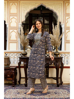 Surhi - Navy Blue Cotton Floral Printed Mirror Work Kurta