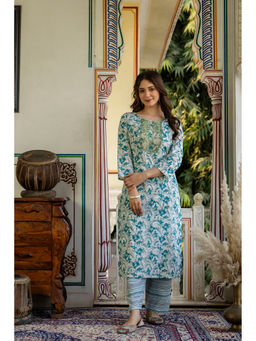Surhi - Blue Cotton Floral Printed Embroidered Kurta