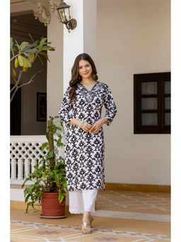 Surhi - Black and White Cotton Printed Mirror Work Kurta