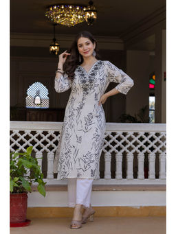 Surhi - Off White Cotton Printed Embroidered Kurta