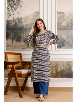 Surhi - Navy Blue Cotton Printed Mirror Work Kurta