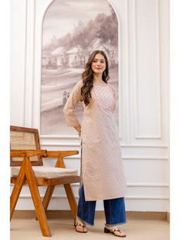 Surhi - Pink Cotton Floral Printed Mirror Work Kurta