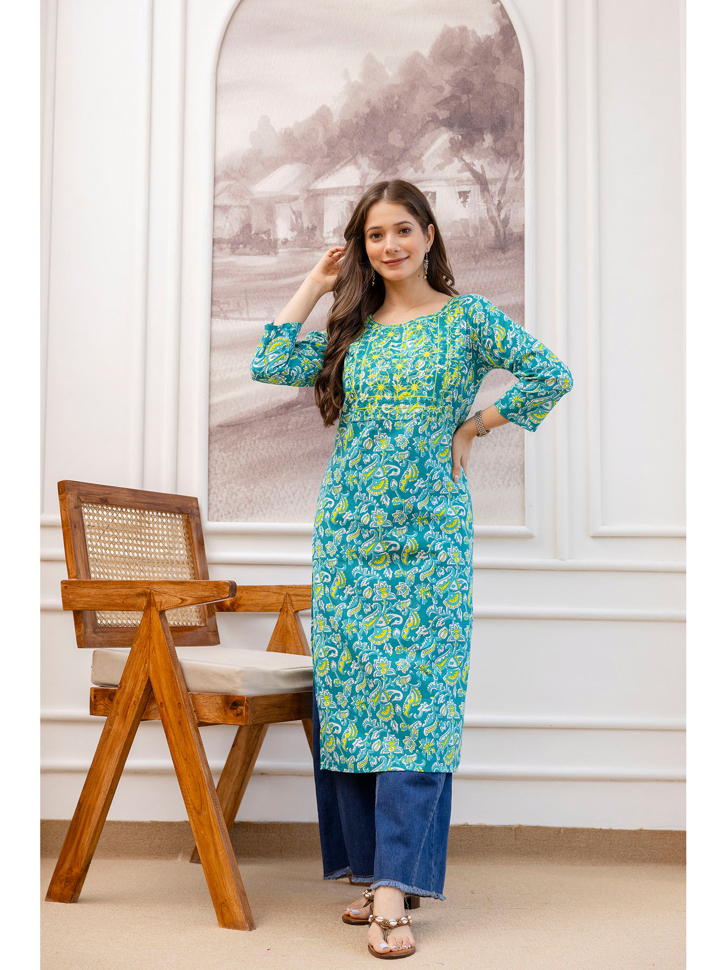 surhi Teal Cotton Floral Printed Embroidered Kurta-picture-6