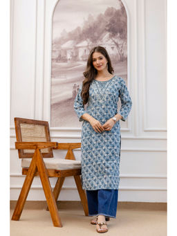 Surhi - Blue Cotton Floral Printed Mirror Work Kurta