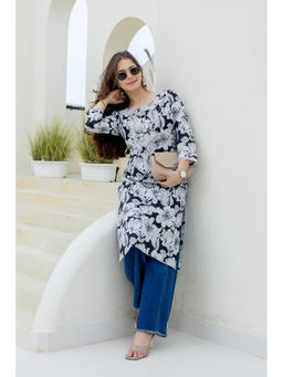 Surhi - Black Cotton Floral Printed Embroidered Kurta