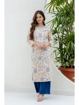 Surhi - Peach-Blue Cotton Floral Printed Embroidered Kurta