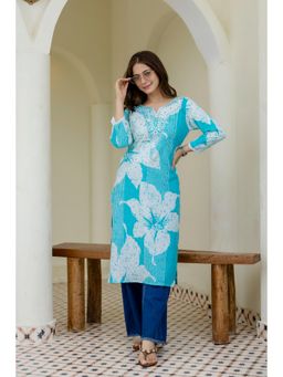 Surhi - Blue Cotton Floral Printed Embroidered Kurta