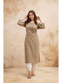 Surhi - Beige Cotton Floral Printed Embroidered Kurta