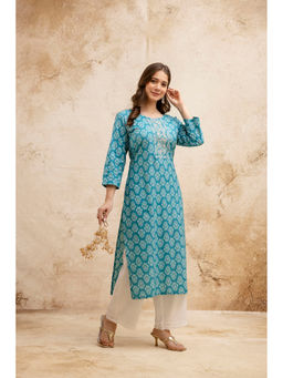 Surhi - Blue Cotton Floral Printed Embroidered Kurta