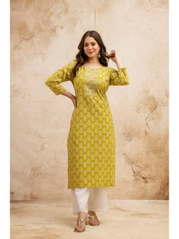 Surhi - Olive Cotton Floral Printed Embroidered Kurta