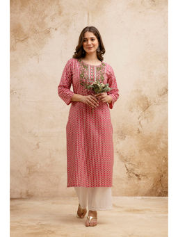 Surhi - Pink Cotton Printed Embroidered Kurta