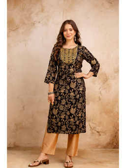 Surhi - Black Cotton Printed Mirror Work Kurta