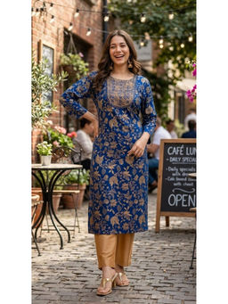 Surhi - Blue Cotton Printed Mirror Work Kurta