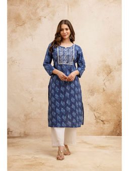 Surhi - Navy Blue Cotton Printed Embroidered Kurta