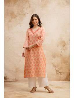 Surhi - Peach Cotton Printed Embroidered Kurta