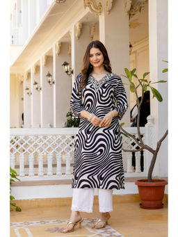 Surhi - Black and White Cotton Printed Embroidered Kurta