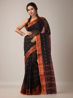 Arhi - Women Black Cotton Floral Saree Without Blouse