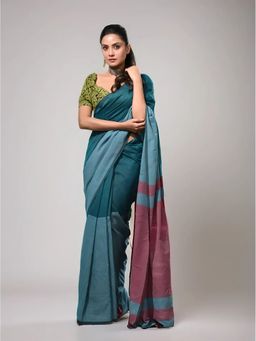 Arhi - Women Teal Cotton Woven Saree Without Blouse