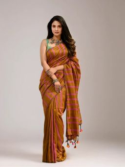 Arhi - Women Mustard Cotton Woven Saree Without Blouse