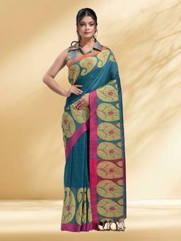 Arhi - Women Teal Cotton Woven Saree Without Blouse