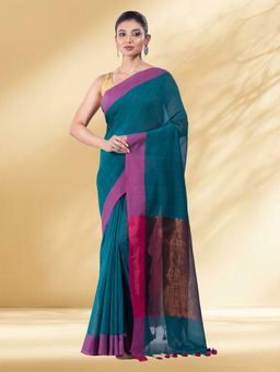 Arhi - Women Teal Cotton Woven Saree Without Blouse