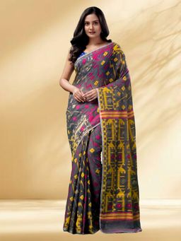 Arhi - Women Grey Jamdani Geometric Saree Without Blouse