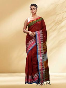 Arhi - Women Red Cotton Woven Saree Without Blouse