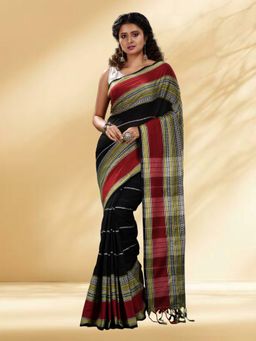 Arhi - Women Black Cotton Woven Saree Without Blouse