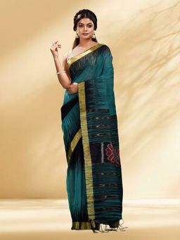 Arhi - Women Teal Cotton Blend Woven Saree Without Blouse