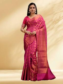 Arhi - Women Pink Organza Woven Saree Without Blouse