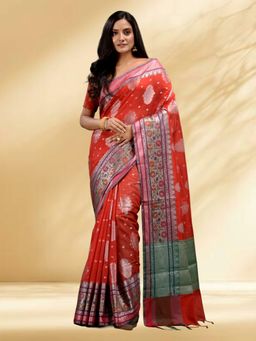 Arhi - Women Red Silk Blend Woven Saree Without Blouse