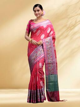 Arhi - Women Pink Silk Blend Woven Saree Without Blouse