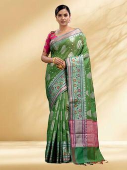 Arhi - Women Green Silk Blend Woven Saree Without Blouse